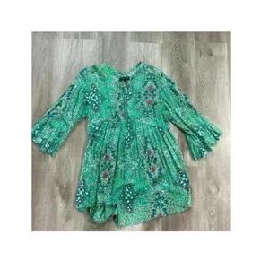 Rachel Zoe Women’s Top Green Floral Bell Ruffle Sleeve Blouse, Small, Colorful